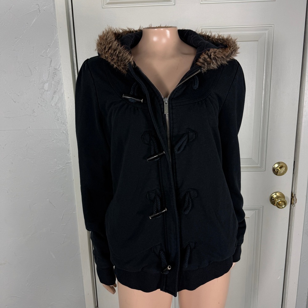 Vintage Y2K Roxy Coat Jacket Large Hooded Fuax Fur Quilted Toggle Cotton Y3-9